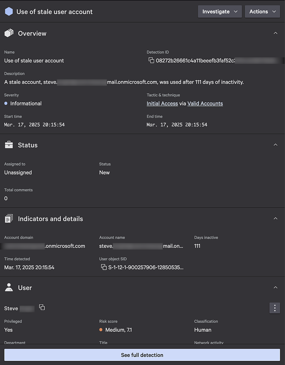 Figure 1. Drill-down view of an AWS IAM Identity Center detection that was triggered in the Falcon console.