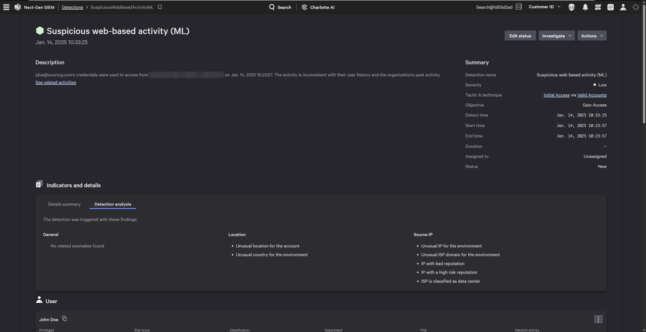 Figure 2. Detailed view of an AWS IAM Identity Center detection that was triggered in the Falcon console