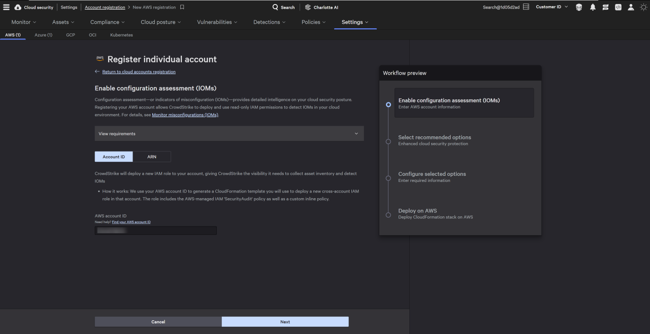 Figure 3. Add a new AWS account in Falcon Cloud Security