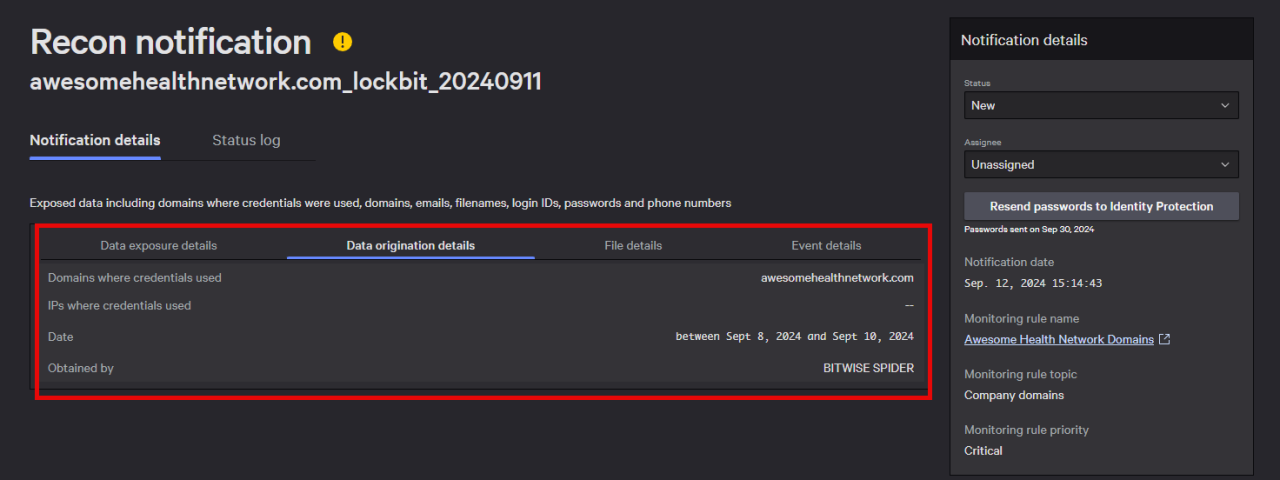 Figure 1. A Recon notification highlighting exposed data linked to the fictitious “Awesome Health Network,” with ties to LockBit ransomware and eCrime actor BITWISE SPIDER.
