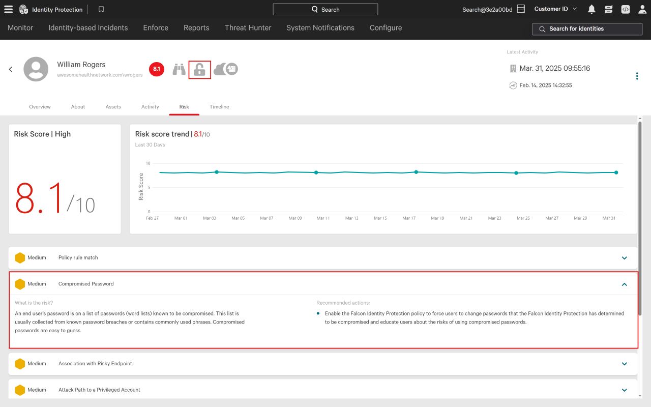 Figure 3. A user involved in the exposed data event is automatically marked with the compromised password attribute and risk indicated by the unlocked lock icon.