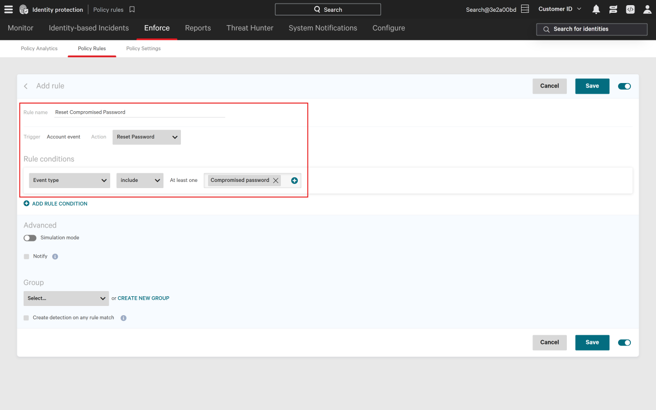 Figure 4. An identity policy rule takes a reset password action when a compromised password account event occurs - mitigating password-based risk automatically.