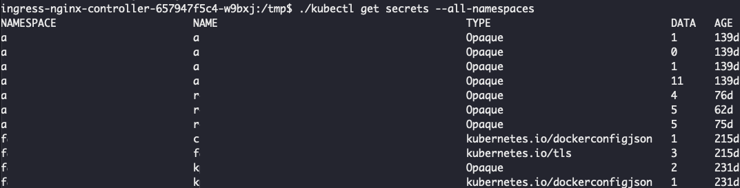 Figure 8. Output of kubectl command retrieving secrets